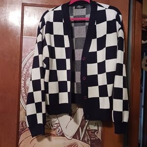 Black and White Checkered Cardigan Sweater